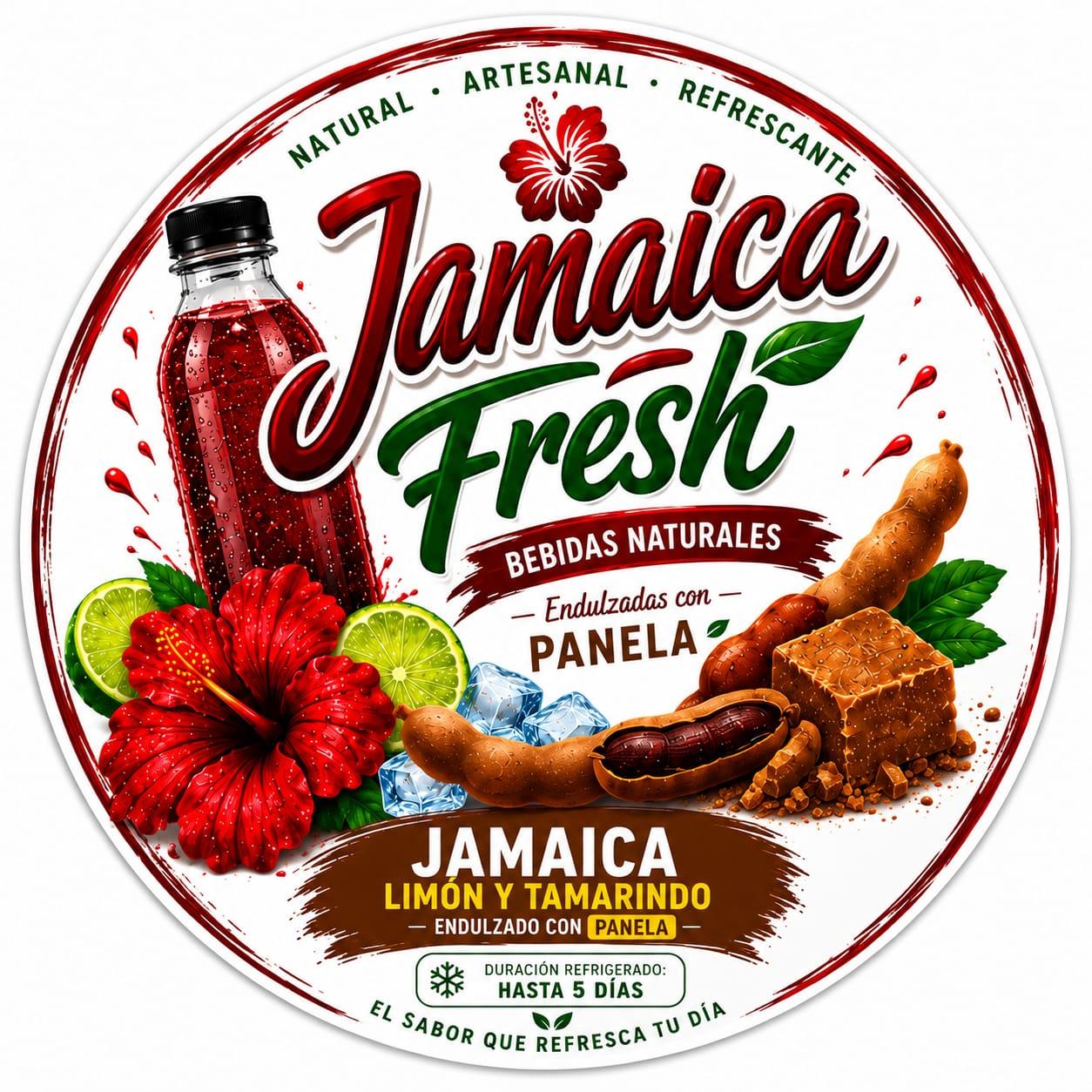 Etiqueta de Jamaica Fresh: jamaica, limón y tamarindo endulzado con panela