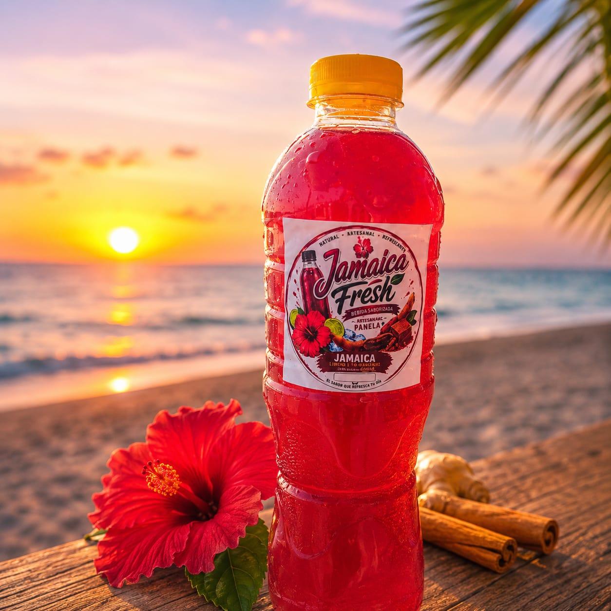 Botella de Jamaica Fresh frente al mar al atardecer
