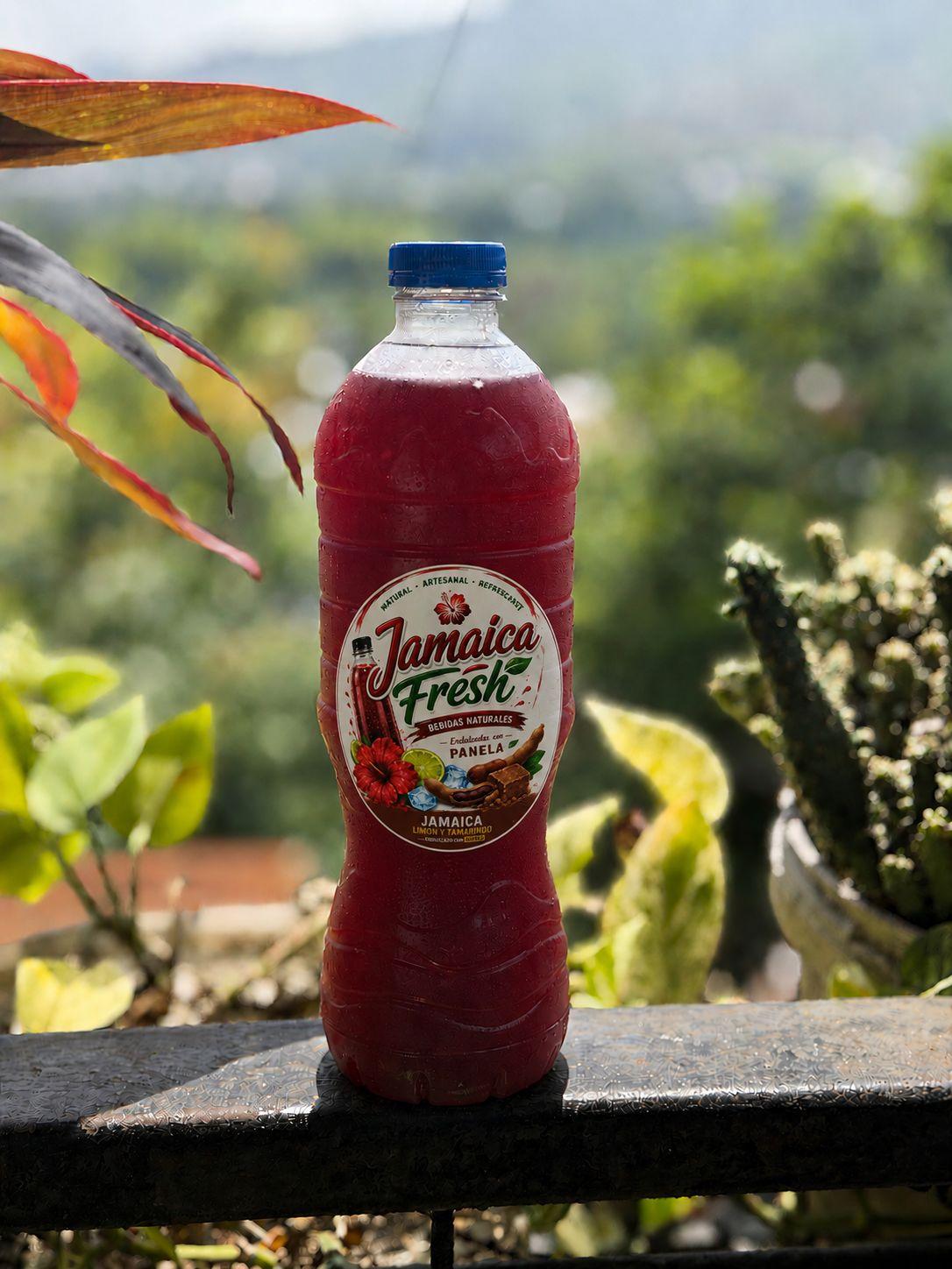 Botella de Jamaica Fresh fría con gotas de agua, al aire libre entre vegetación