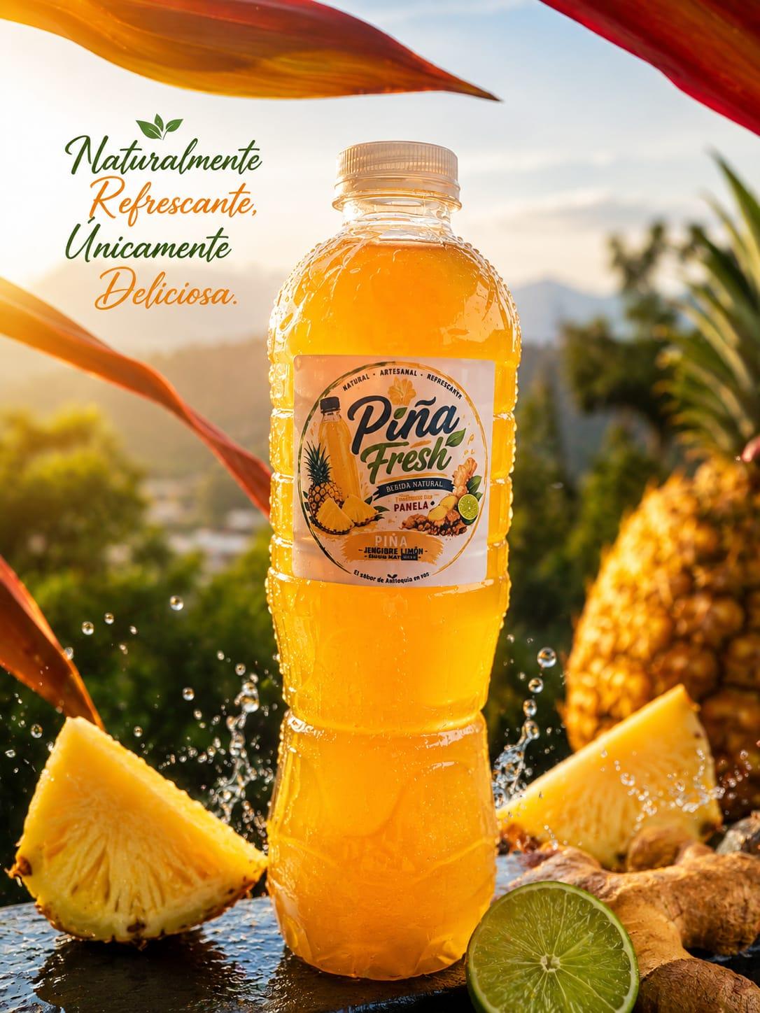 Jugo de piña natural junto a una piña fresca
